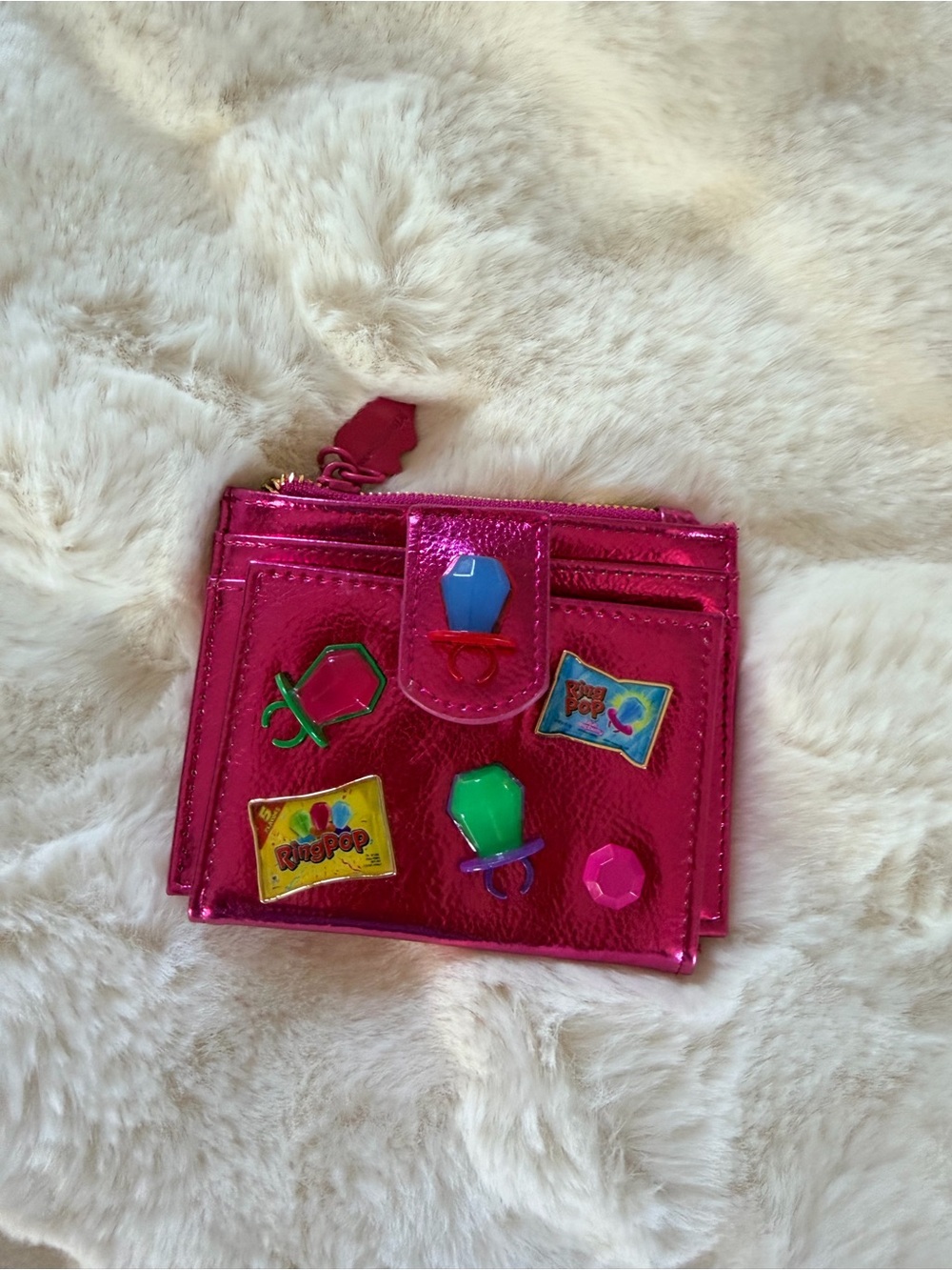 Betsey Johnson Pink Metallic Card Holder Wallet with Colorful Ring Pop Accents - Picture 4 of 12